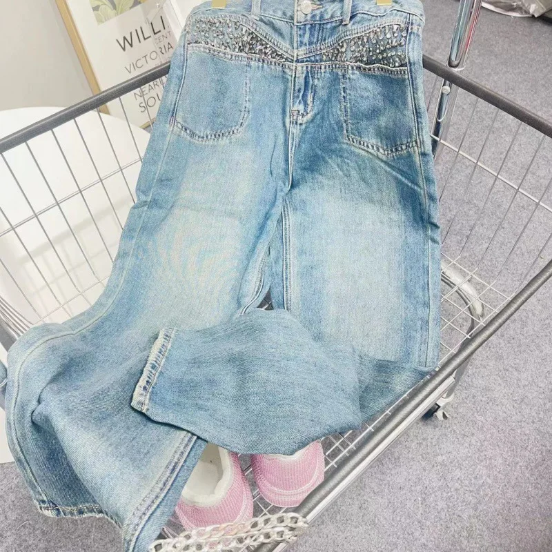 Street Exquisite Rhinestone High Waist Jeans Women Spring Summer Loose Slimming High Quality Loose Straight Pant Mop Trousers