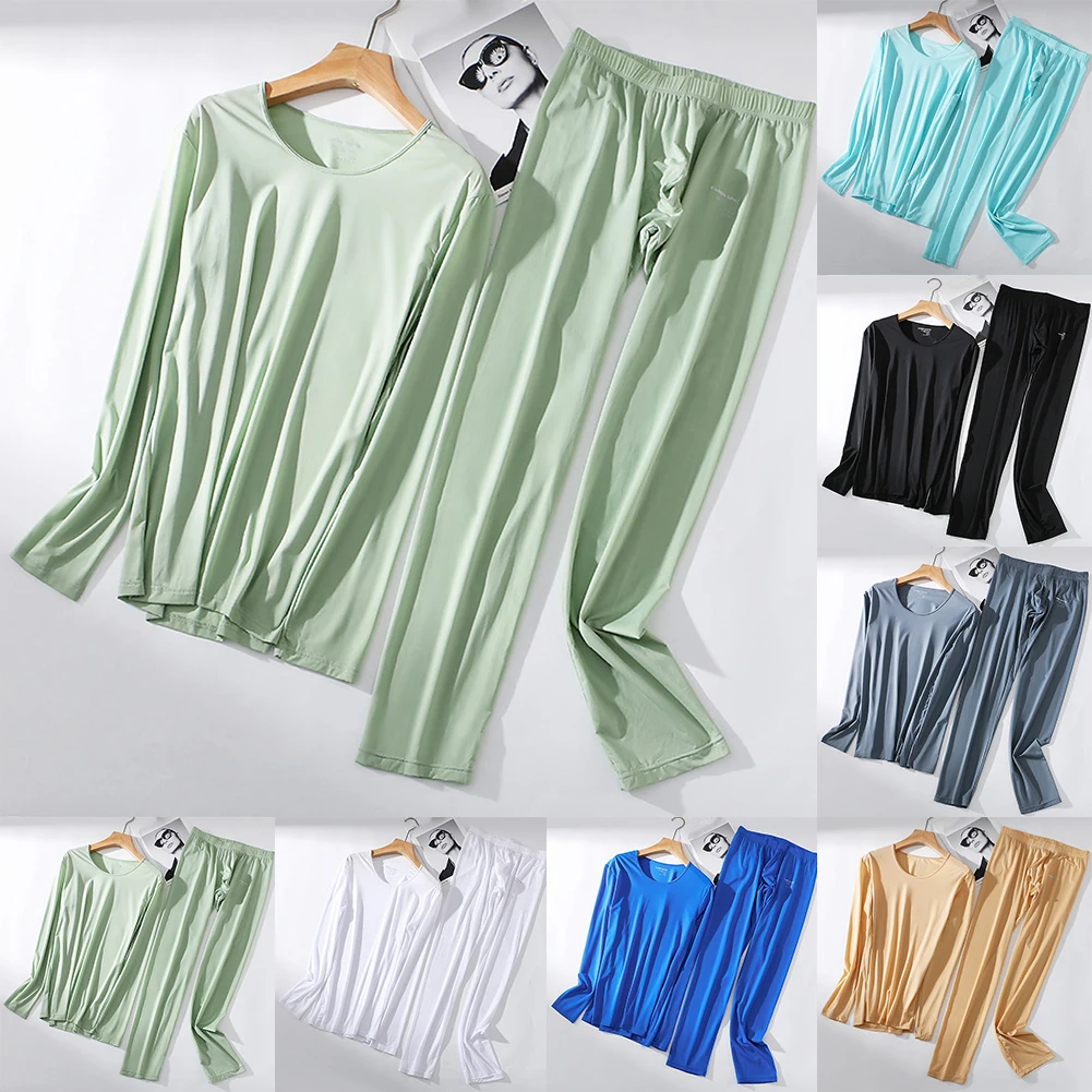 Casual Underwear Set Thin Thermal Long Johns Set Mens Solid Ice Silk Long Sleeve Top Bottom Sleepwear Comfortable Male Clothing