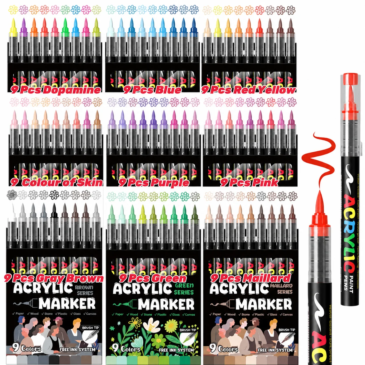 Acrylic Paint Pens, Water-Based, Brush Tip,Series, Free-Flow Ink System, for Paper, Wood, Stone, Plastic, Glass & Canvas