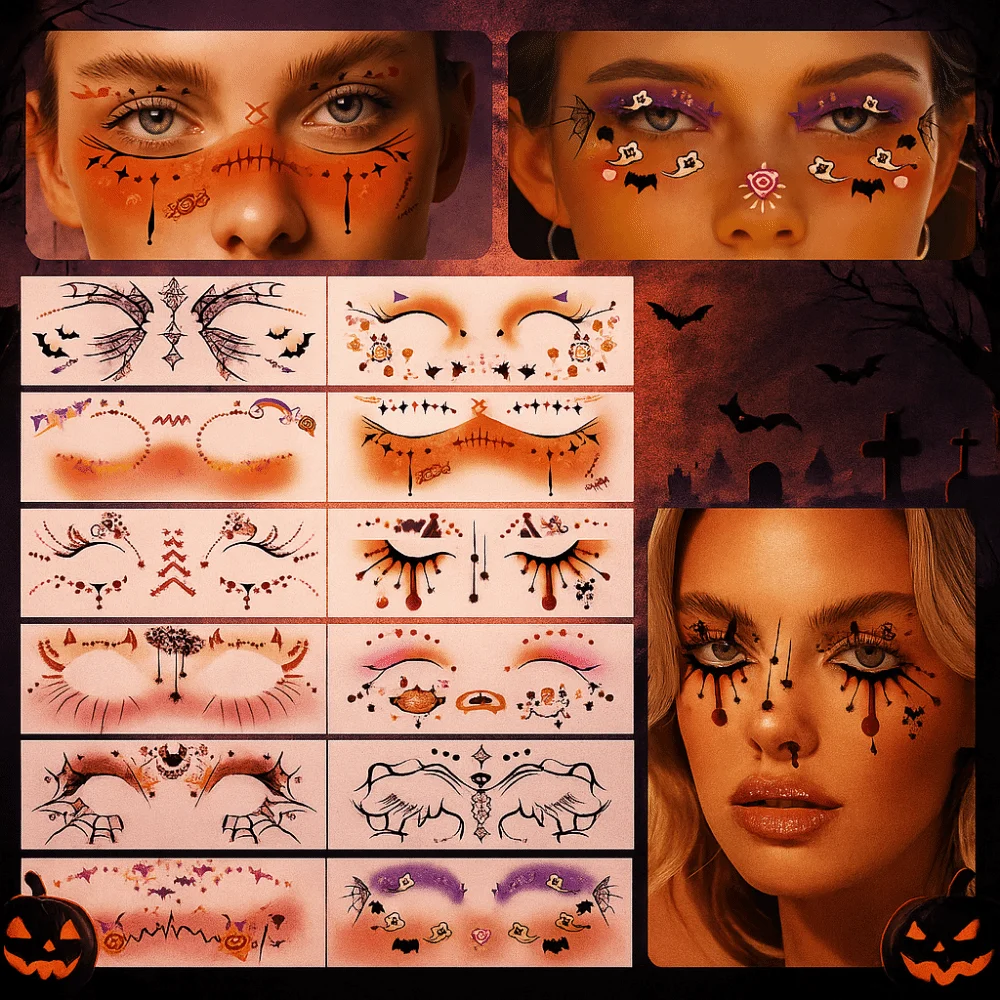 

12 шт. одноразовые татуировки для лица на Хэллоуин, водонепроницаемые портативные временные наклейки для щек, прозрачные ужасающие наклейки