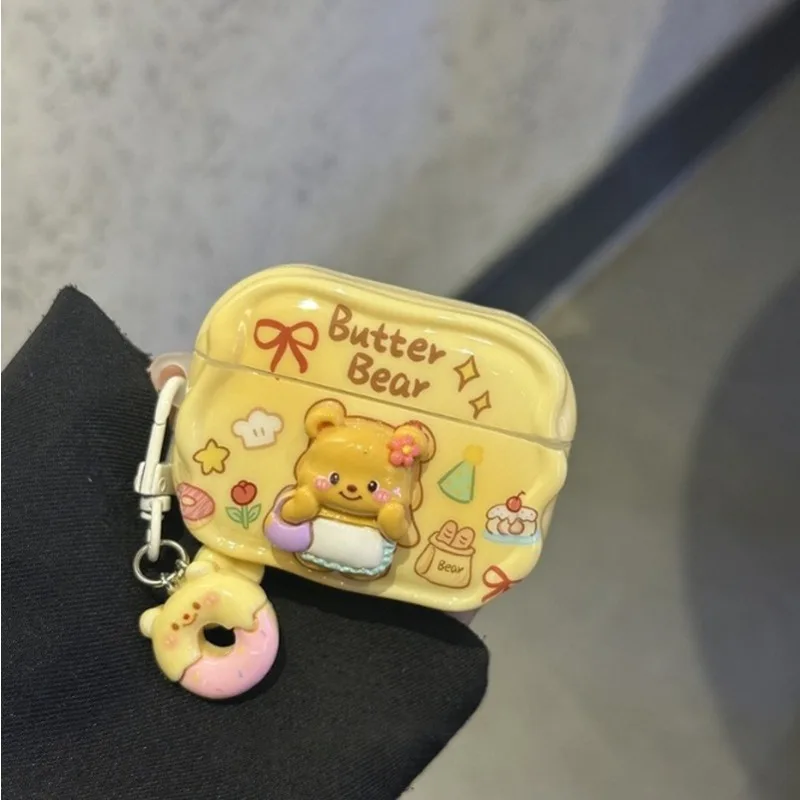 For Airpods 4 Gen 3D Cute Cartoon Butter Bear Earphone Case For Airpods Pro 2 Pro2 3 1 TPU Shockproof Soft Cover With Pendant
