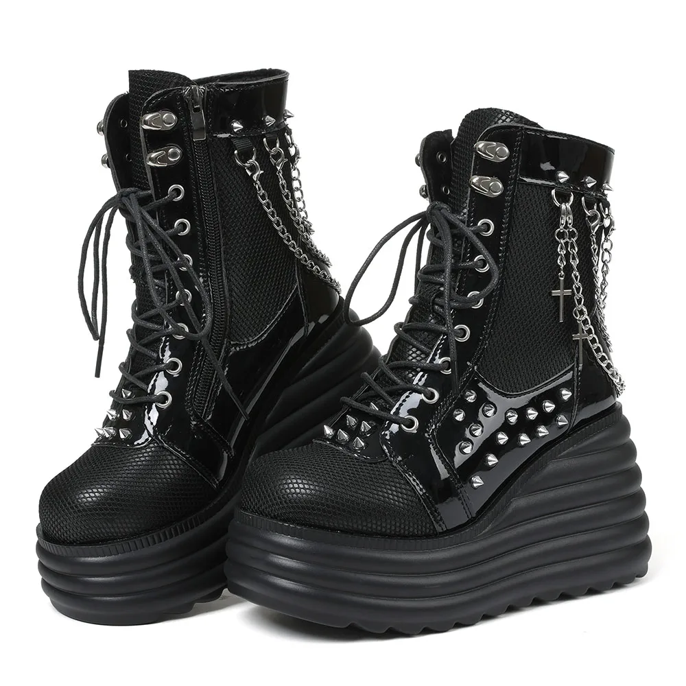 

BONJOMARISA Y2K готические женские ботильоны с цепочкой Rivit, мотоциклетные ботинки на платформе с круглым носком, крутая модная обувь для косплея на Хэллоуин