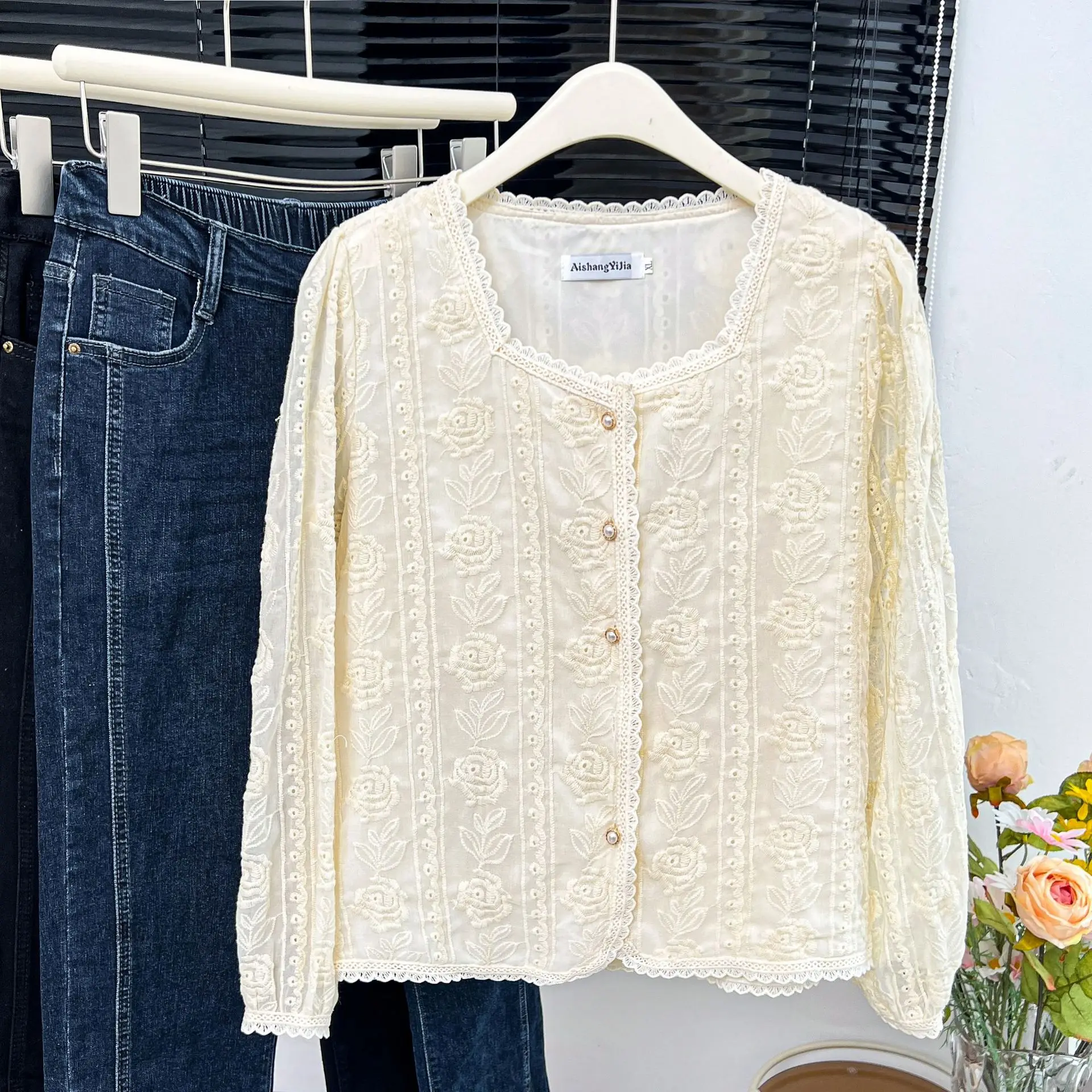 Chic Square Collar Shirt Women Plus Size Autumn Winter 2023 Casual Clothing Puff Sleeve Blouses Lace Embroidered Tops