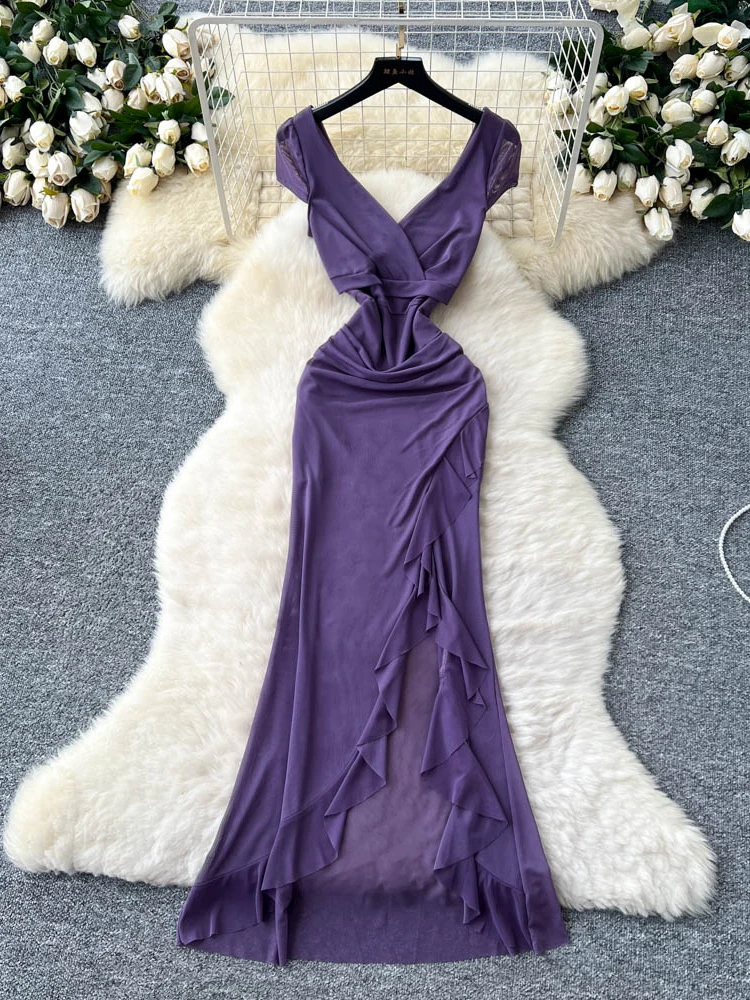 فستان صيفي نسائي بخصر مرتفع وخط A مع تطريز الدانتيل وفتحة جانبية، فستان ميدي بأكمام قصيرة على الطراز الكوري، فستان طويل ضيق.