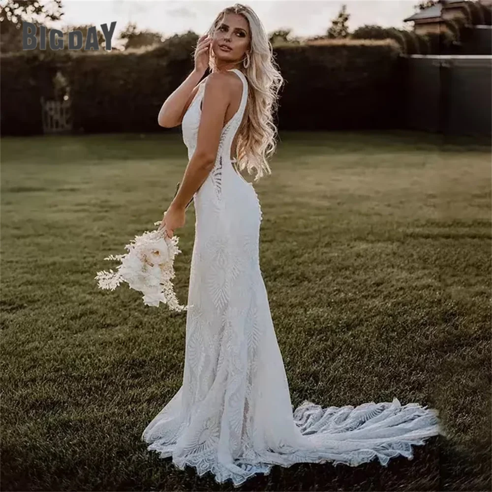 Bohemian Mermaid Wedding Dress Lace Long Train Boho Bridal Gown Sleeveless Party Skirt Open Back Elegant Sheath vestido de novia