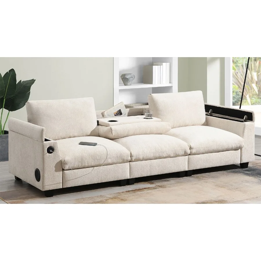 

96*35''Chenille Sectional Sofa with Bluetooth Speaker Comfy Cloud Couch Set with Drop Down Table Cup Holders USB Charger Storag