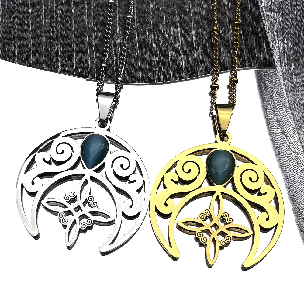 Edelstahl Hohl Crescent Moon Hexe Knoten Keltische Anhänger Halskette für Frauen Männer Gold Farbe Amulett Kette Halsketten Schmuck