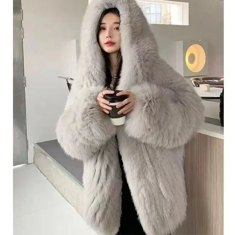 Imitation fox fur women's 2024 winter new style hooded loose slimming fur coat trendy street internet celebrity same style