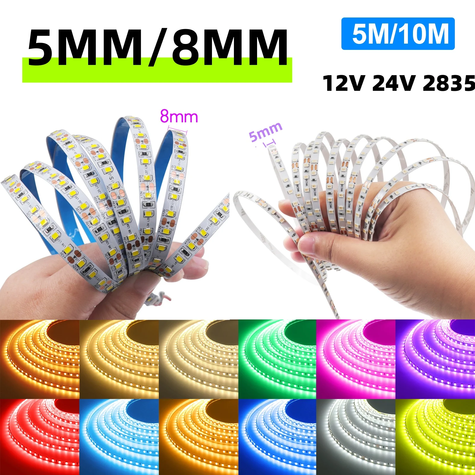 

24V 12V LED Strip 2835 120LEDs/m Home Lamp Strips Flexible Tape 5mm 8mm PCB IP20 Non-Waterproof Pink Red Ice Blue Green Yellow