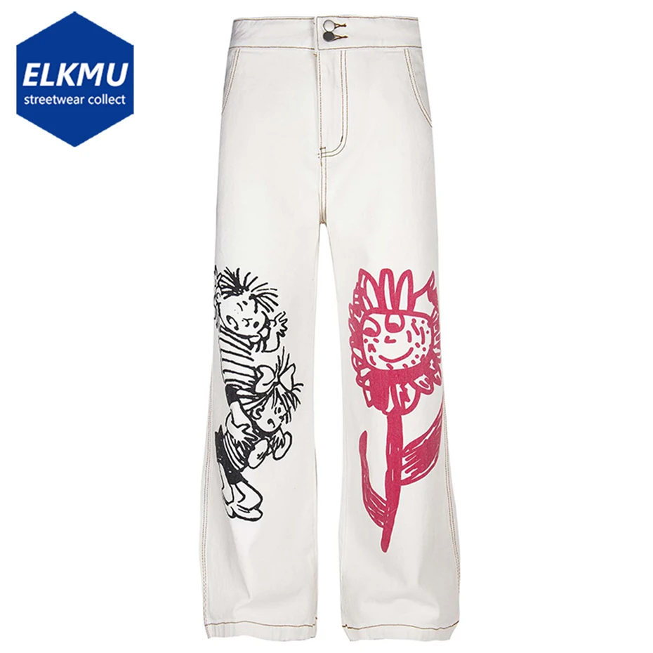 

Graffiti Printed White Jeans Harajuku Streetwear Jeans Unisex Casual Straight Denim Pants