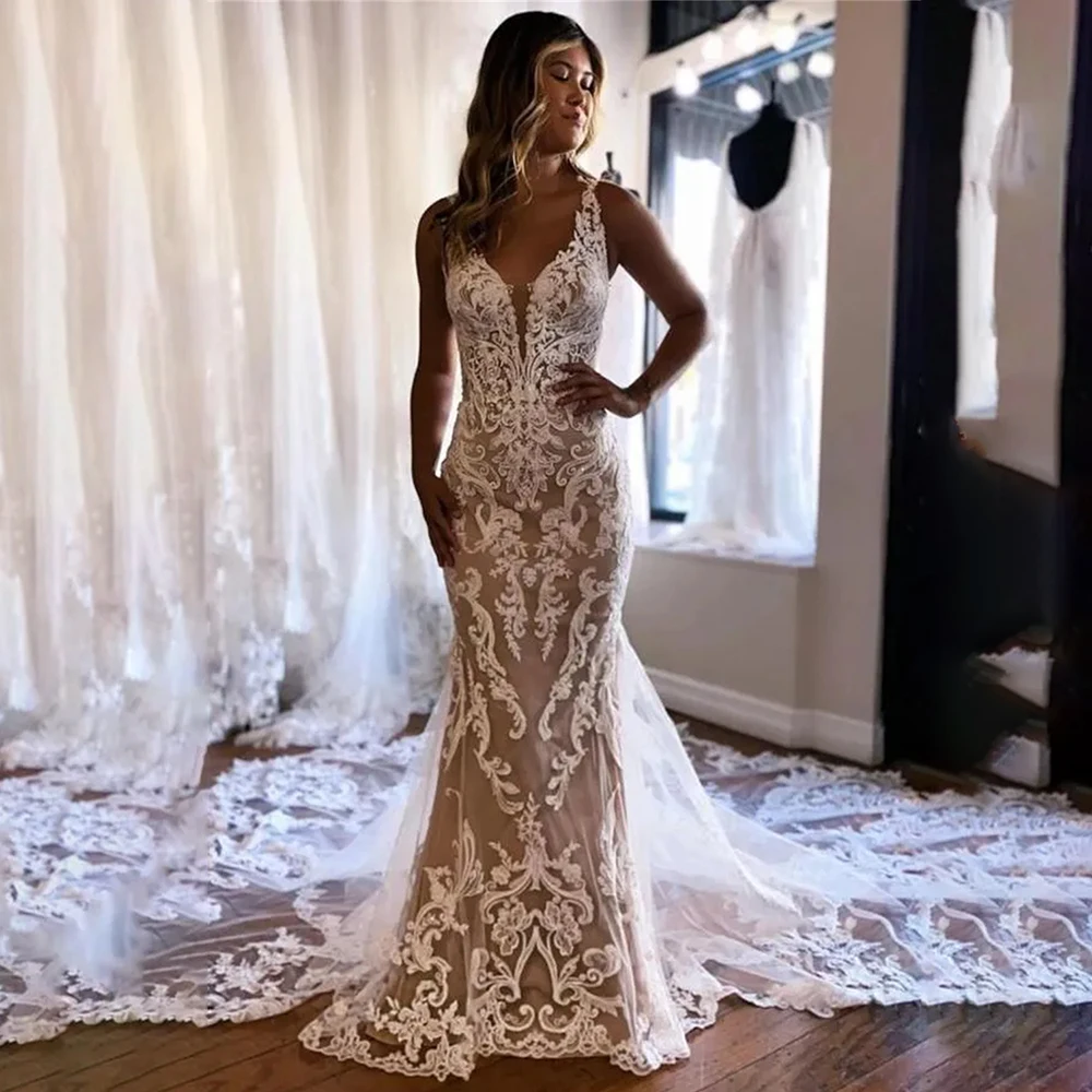 

Свадебное платье без рукавов с V-образным вырезом, с аппликациями, фасон «русалка», элегантное, для невесты, нарядное, для торжественных свадебных церемоний