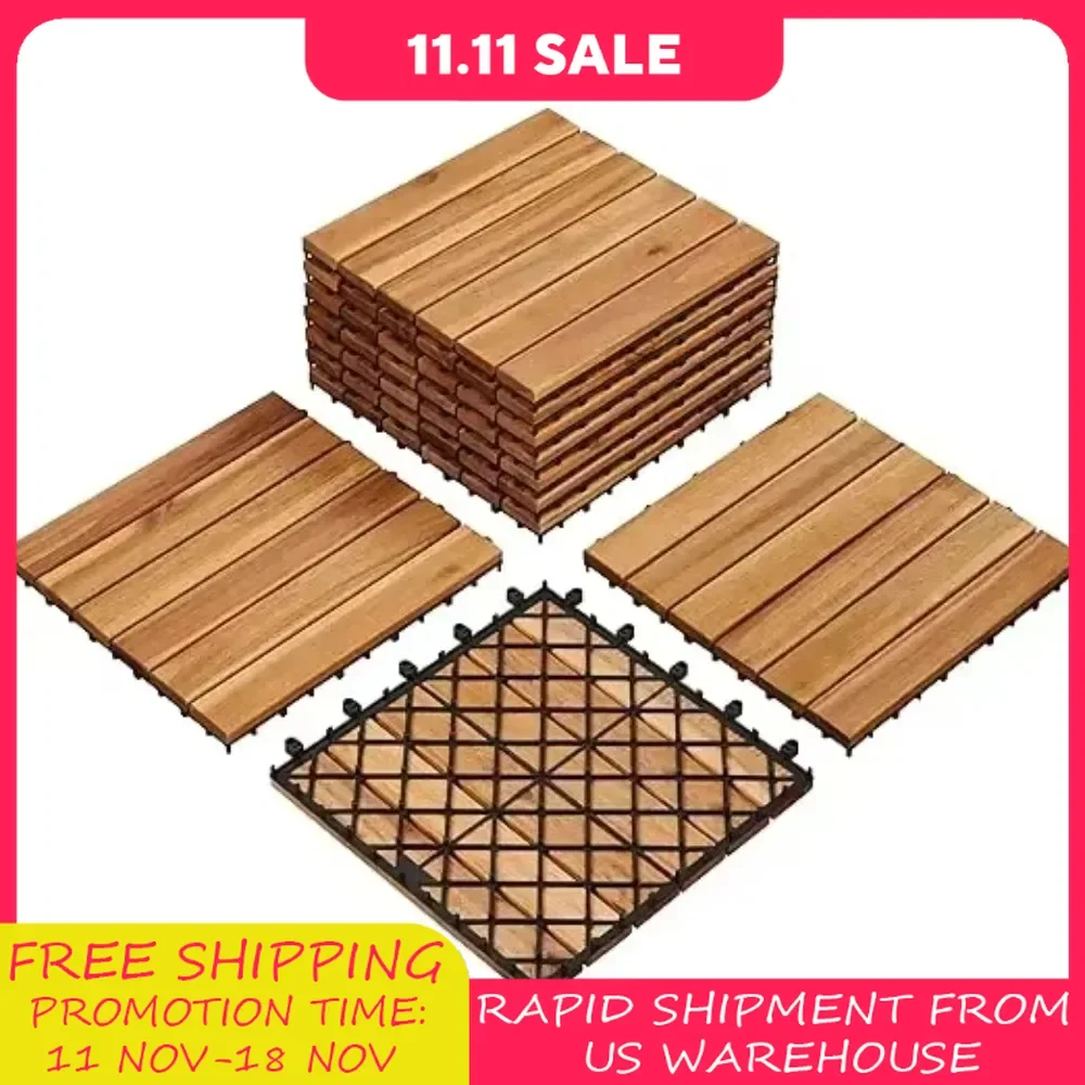 Garden flooring, 10PCS Acacia wood interlocking flooring for outdoor and indoor waterproofing, 12 x 12 inches, garden flooring