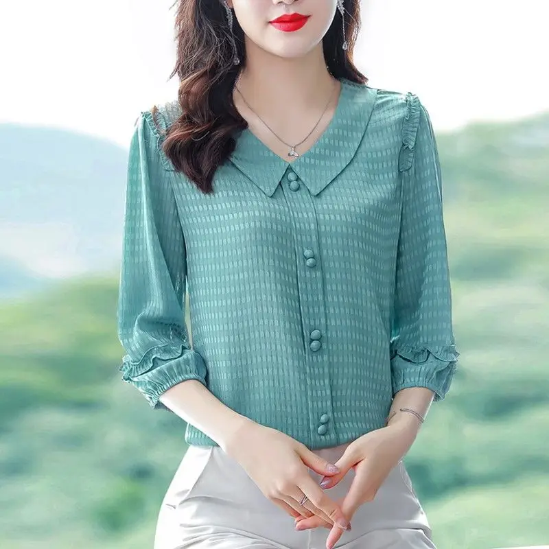 Little Fresh Women\'s Three-quarter Sleeved Shirt Summer Clothes for Women Doll Collar Solid Color Patchwork Ruffles Blouse