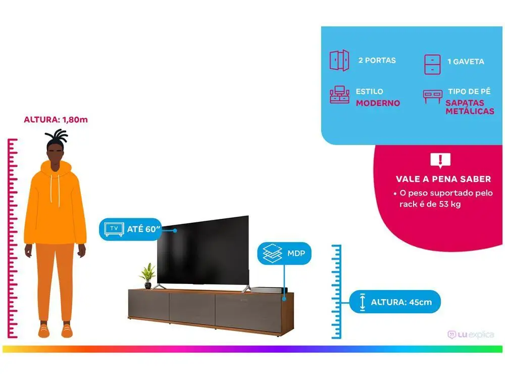 TV Rack up to 60 "1 Drawer 2 Doors Home D Eros