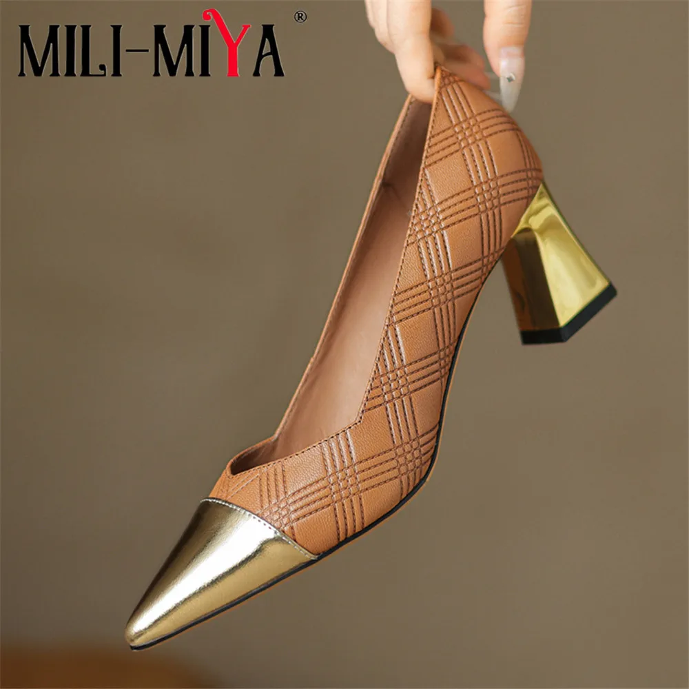 MILI-MIYA Fashion Cover Pointed Toe Women Sheep Skin Pumps Slip On Mixed Color Thick Heels Thick Heels Dress Party Shoes