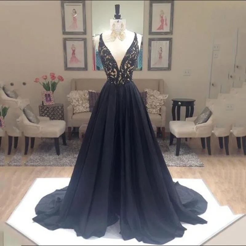 

Angelsbridep Spaghetti Strap Deep V-Neck Chiffon Long Evening Dresses Applique Black Women Graduation Prom Gowns Robes De Soirée