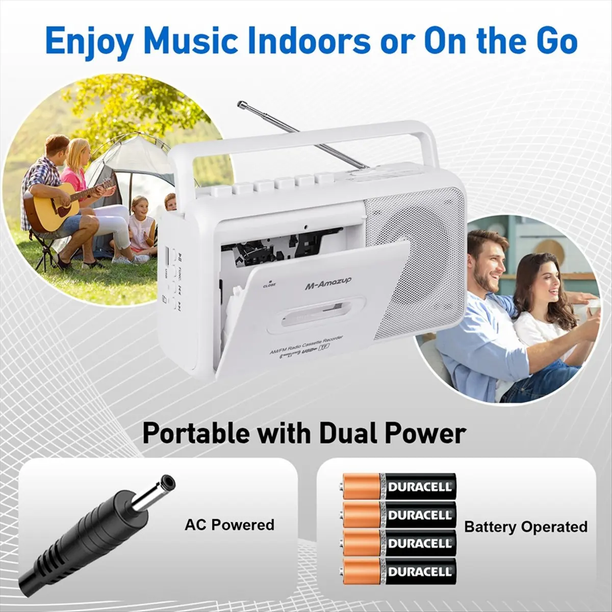 DT1676 Mon.Portable Retro Cassette Recorder Player AM/FM Radio Stereo Casette Tape Player Recorder with Antenna,White,(US)