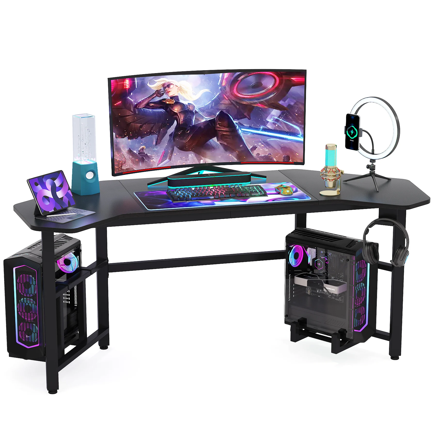 Ergonomic Wing Shaped Desktop Studio Gaming Computer Desk With 2 Console Hangers