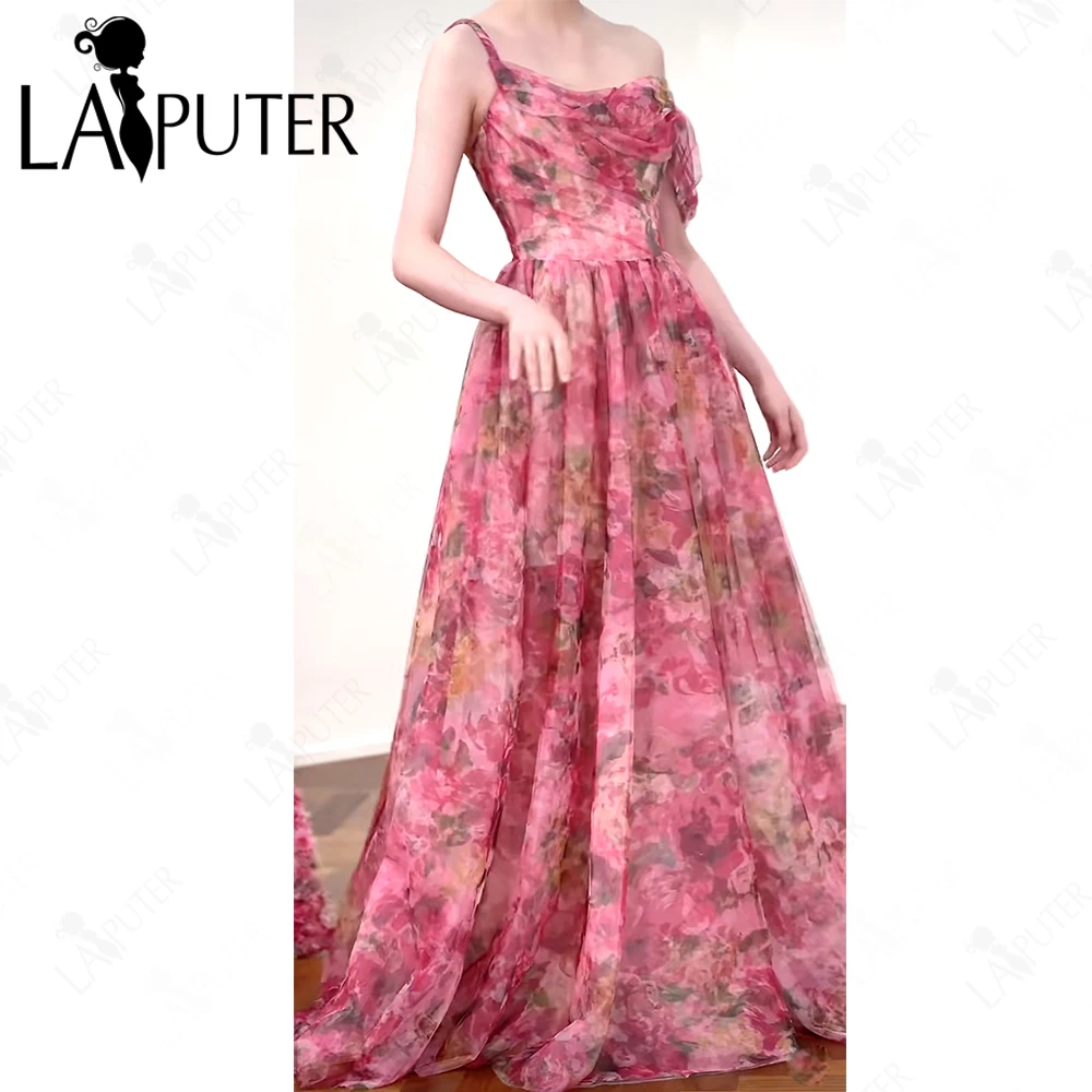 طباعة الأورجانزا الوردي الأزهار فستان الحفلة الراقصة ألف خط قبالة الكتف Ruched ثوب مسائي صندوق الطية ألف خط الجنية فتاة فستان رسمي 2025 #5