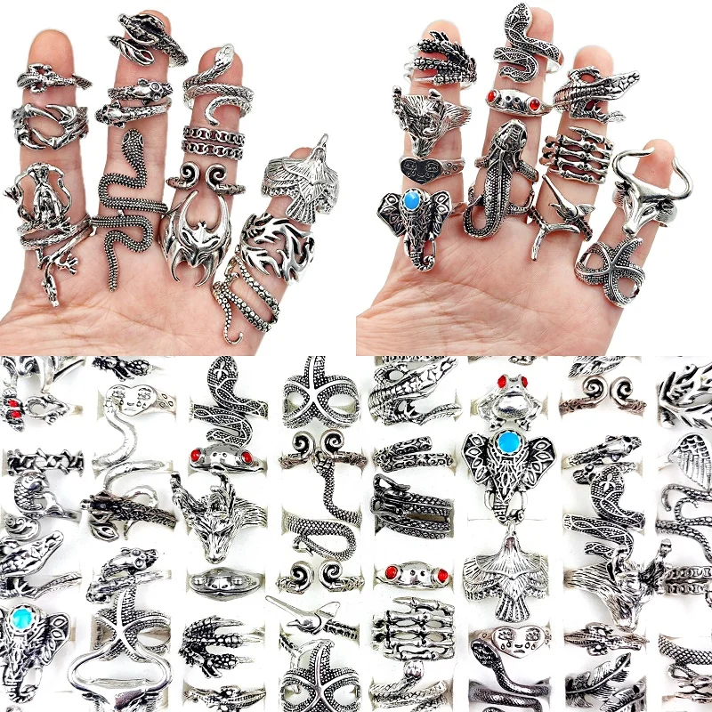 20/30/50Pcs/Lot Fashion Snake Frog Dragon Animal Open Rings for Men and Women Wholesale Alloy Antique Silvery Mixed Jewelry Gift