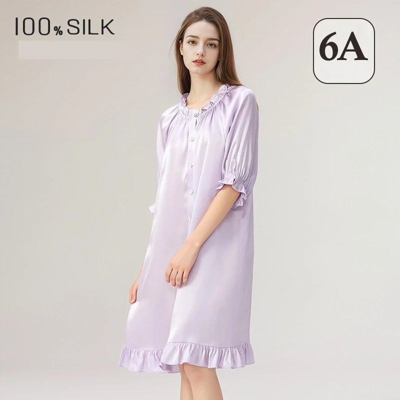 2026 New Women's Loose Mulberry Silk Nightdress One Shoulder Design French Sleeves A Princess Like Elegance Sweet Sexy M Size