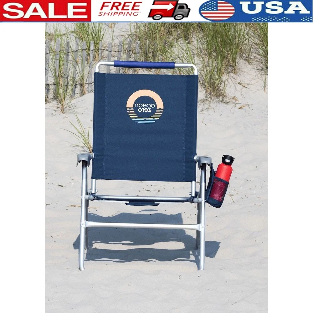 

Recycled Plastic Tall Beach Chair with Cupholder and Phone Pocket Lightweight Portable Eco-Friendly Outdoor Folding Seat