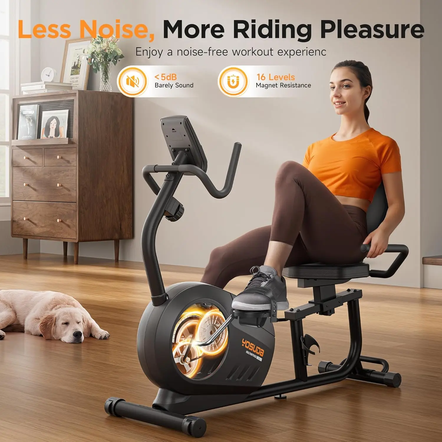 Cyclette reclinata per uso domestico con fasce di resistenza: bici reclinata con APP Smart Workout, sedile comodo, P