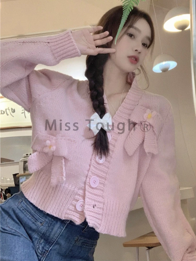 Kniited Japanese Kawaii Loose Cardigan Women Sweet Party Bow Elegant Tops Female Korean Designer Long Sleeve Solid Clothing 2023