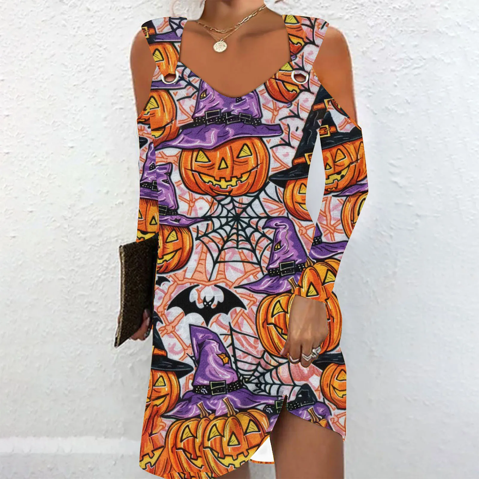 Sexy Off Shoulder Long Sleeve Dress Women 2024 Autumn Halloween Pumpkin Hollow Out Casual Mini Dresses For Women Robe Femme