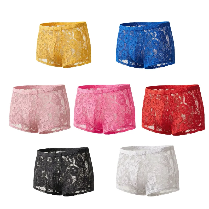 1Pc Men's Fashion New Design Sexy Lace Embroidery, High Elasticity Transparent Lace Flat Corner Underwear, Sexy, Ice Silk