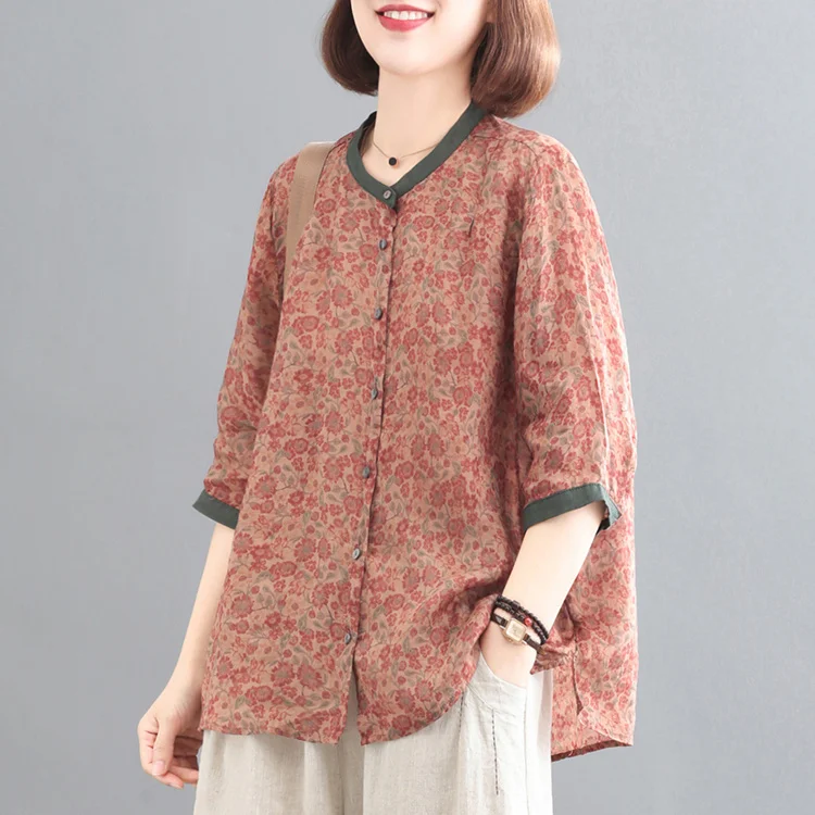 Summer Literary Vintage Ethnic Style Printing Cotton Shirt Ladies Half Sleeve Loose Casual All-match Pullovers Women Blouse Top