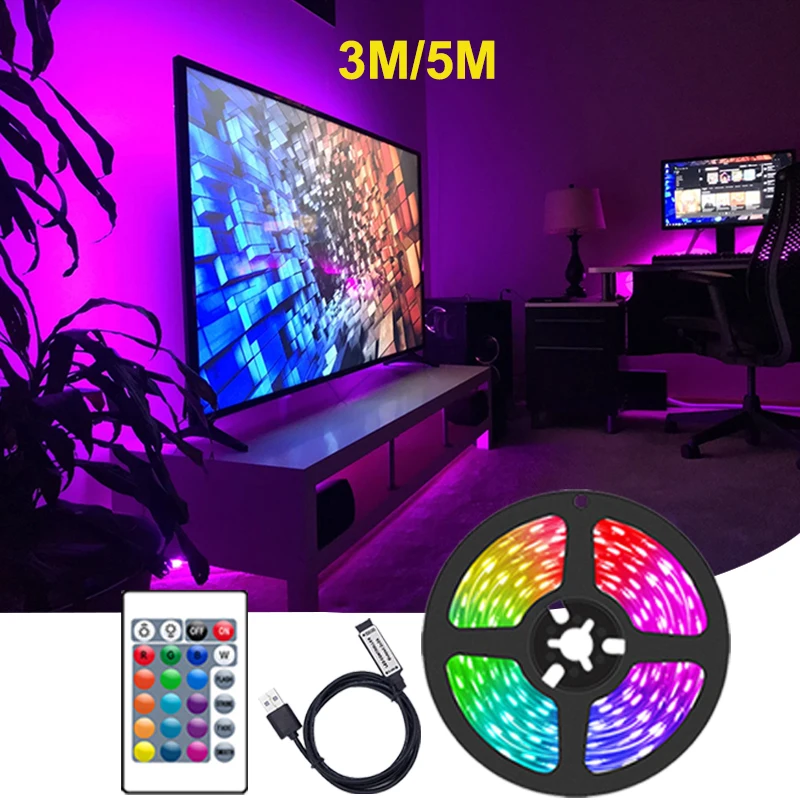 luz de tira led para luz de fundo tv usb 5v regulavel rgb luzes de fita led controle remoto inteligente 5050 rgb luzes led tira parede sala 01