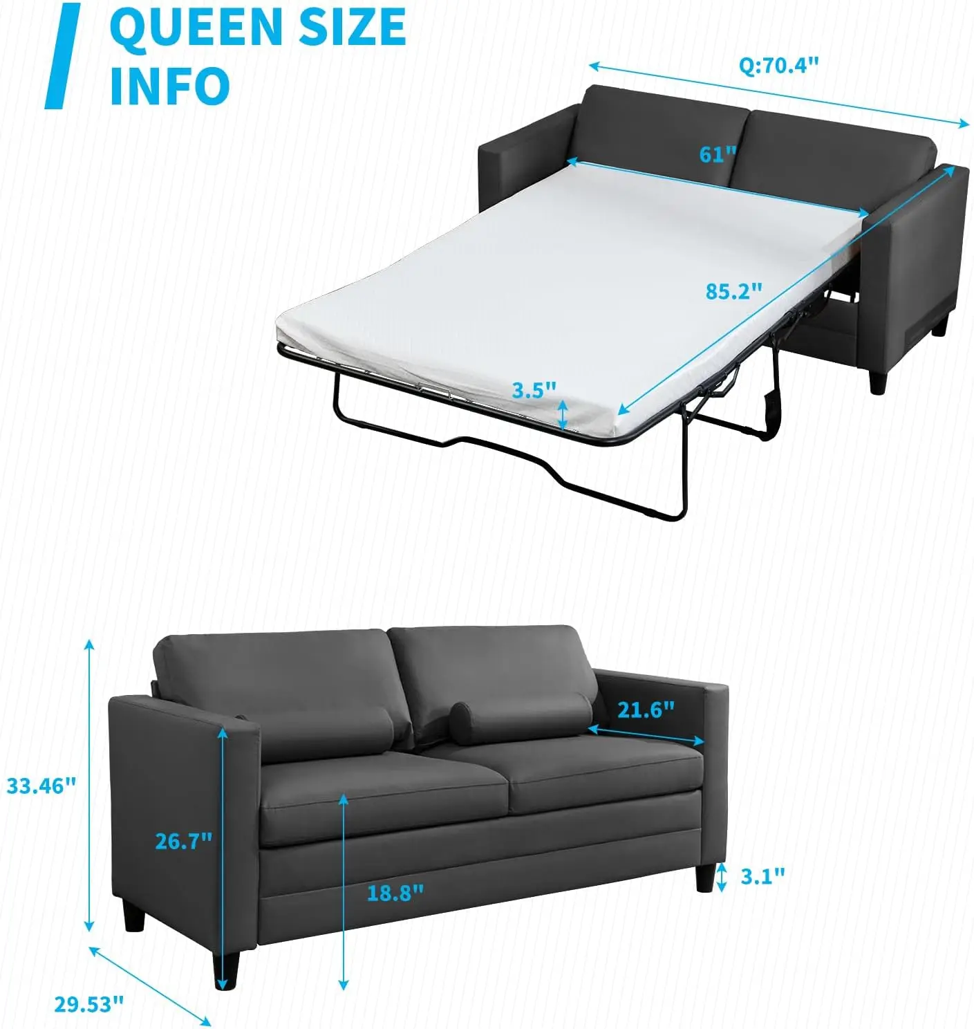 Mjkone Faux Leather Pull Out Sofa Bed, 2-In-1 Modern Loveseat Couch Bed With Memory Form Mattress,Queen Size Convertible