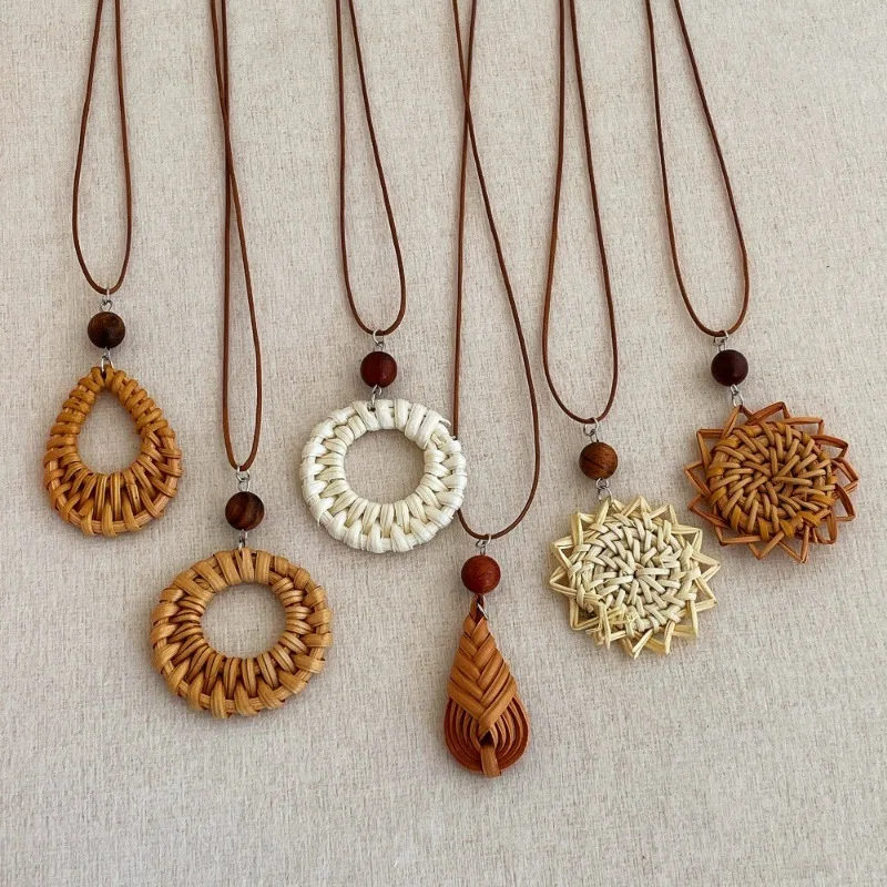 Bohemian Rattan Teardrop Pendant Necklace with Wood Beads