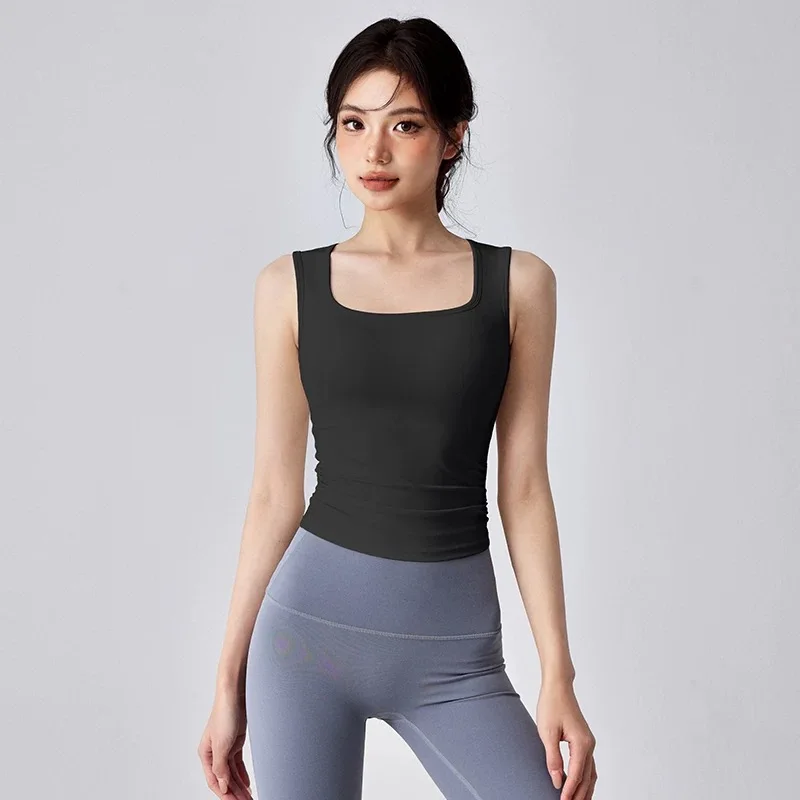 Chaleco de Yoga delgado, copa fija larga integrada para tirantes de mujer, camisetas de secado rápido a prueba de golpes, ropa para correr y Fitness