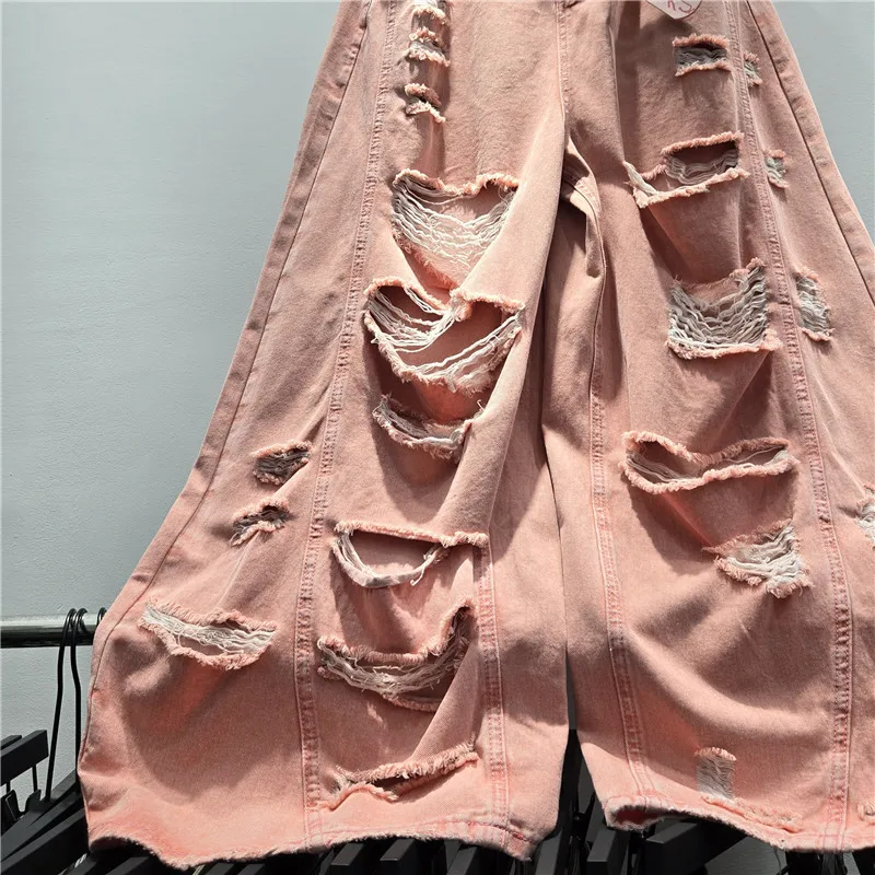 WTHT Vintage Summer 2026 Women Irregular Frayed Hole Straight Denim Pants Fashion High Waist Loose Washed Jeans Female 1LS3099