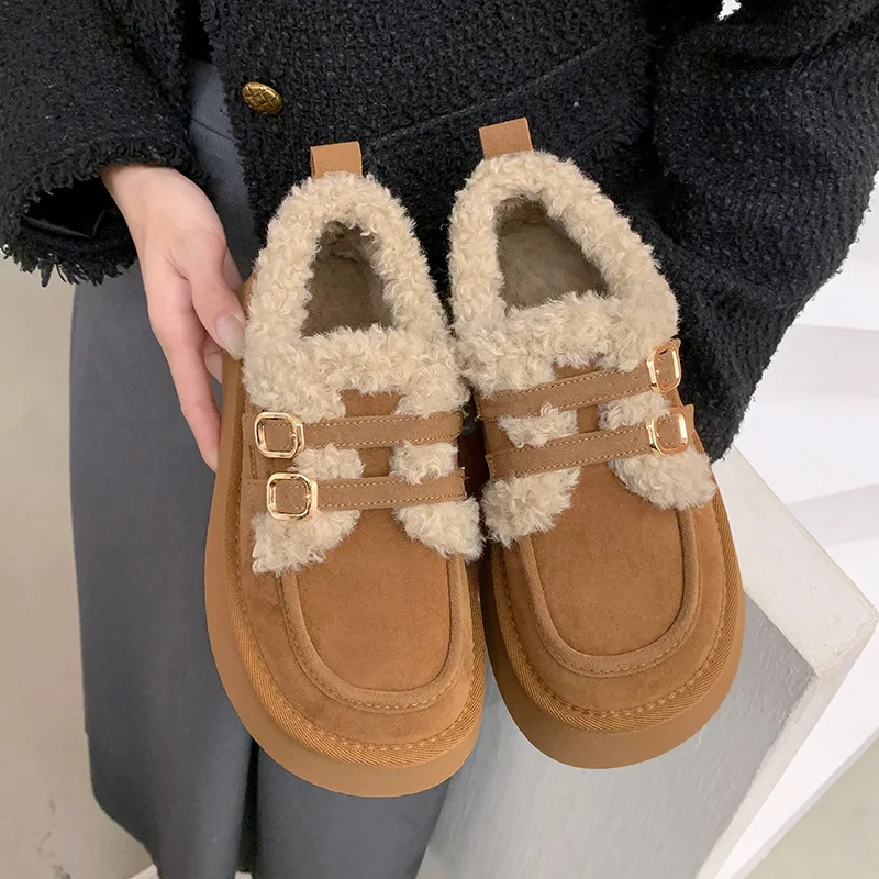 Fur Snow Ankle Boots Women Winter Platform Flats Shoes 2024 Fashion Warm Short Plush Shoes Walking Suede Cotton Femme Booties