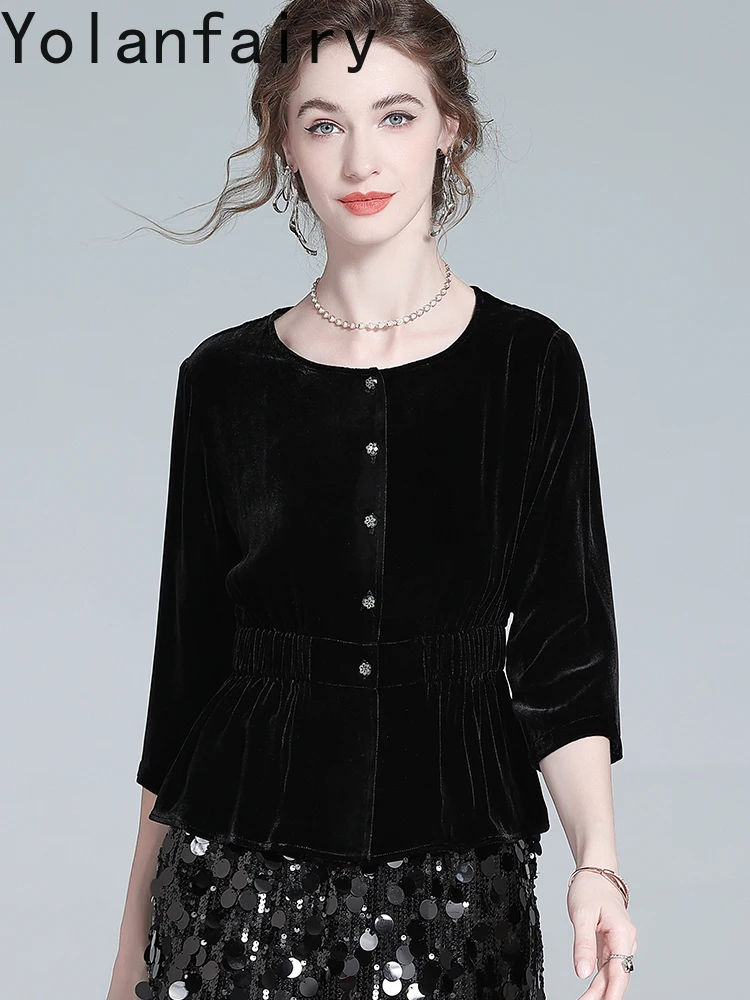 YOLANFAIRY véritable soie velours chemises femme vêtements 2025 début automne haut de gamme mince haut pour femme 100% mûrier soie chemise femme