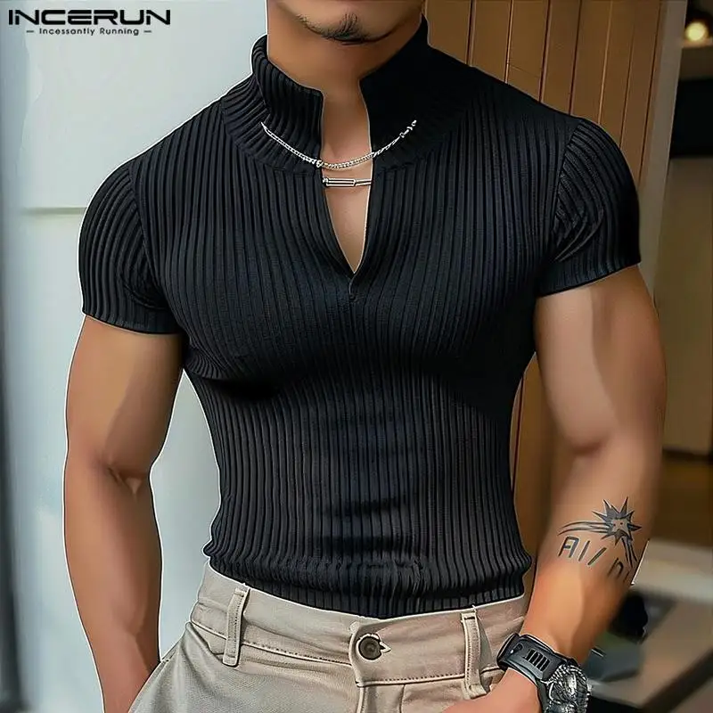 2024 Men\'s T Shirt Knitted Solid Color V Neck Short Sleeve Summer Men Clothing Streetwear Fashion Casual Tee Tops S-5XL INCERUN