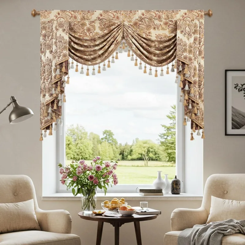 

Beige Damask Pattern Valance Curtains, View Reducing Victorian Waterfall Valance for Bedroom, Luxury Handmade Swag Curtain