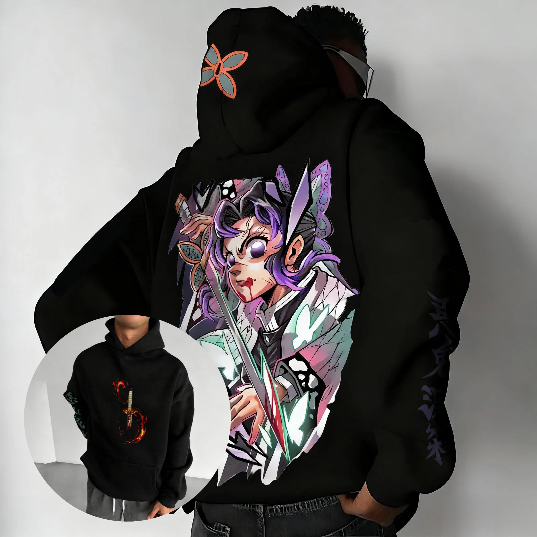 Felpa con cappuccio anime moda autunno streetwear felpa grafica Demon Slayer uomo donna stampa farfalla pullover casual cosplay unisex