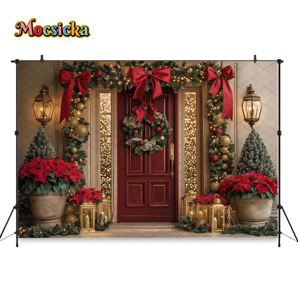 Mocsicka شجرة عيد الميلاد قصر خلفية التصوير الفوتوغرافي القوس الأحمر ديكور عيد الميلاد إكليل فانوس خلفية الشتاء طفل رضيع استوديو الصور