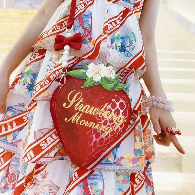 Original Design Lolita Sweet Cute Heart Strawberry Bag Women's Girl Messenger Bag Fashion Student Kawaii All-Match Red Handbag