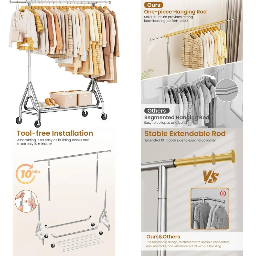Прочная металлическая подвесная вешалка для одежды для тяжелых нагрузок, вместимость 450 фунтов, шкаф на колесиках с запираемыми роликами, идеально подходит для большой пары