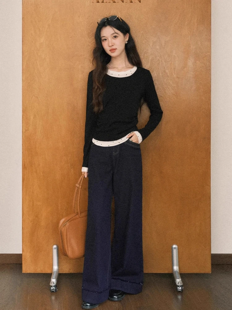 

ALXNAN Black T-shirt Fake Two-piece Black Long Sleeve Round Neck Tees 2025 Autumn Cotton Office Lady Slim-fit Top Female L569172