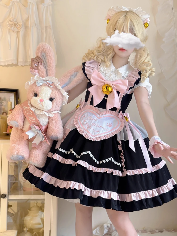 KIMOKOKM Kawaii Sweet Lolita Ruffles JSK Maid Dress Sweetheart Sleeveless Contrasting Color Bow Full Sleeve Girly Camisole Dress