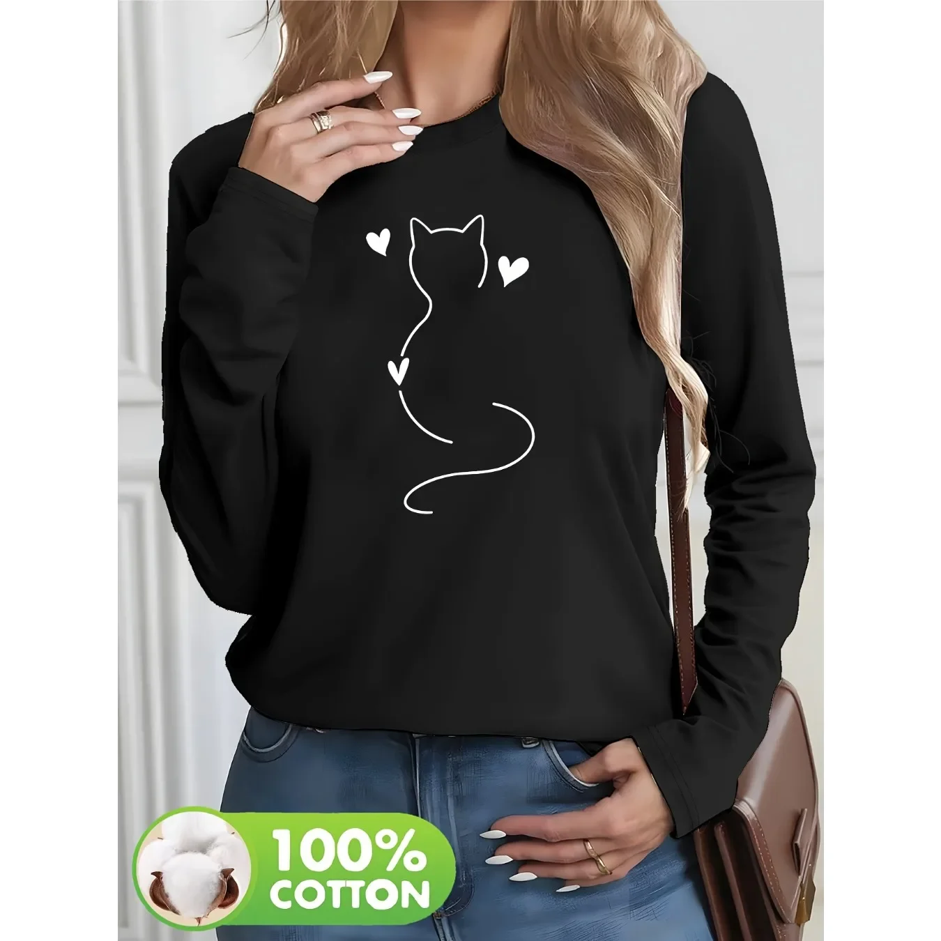 Niedliches Langarm-T-Shirt mit verspieltem Katzen- und Herzmuster, 100 % Baumwolle, lässiges Oberteil mit Rundhalsausschnitt, für alle Jahreszeiten geeignet, Gothic-T-Shirt. – Detail 2