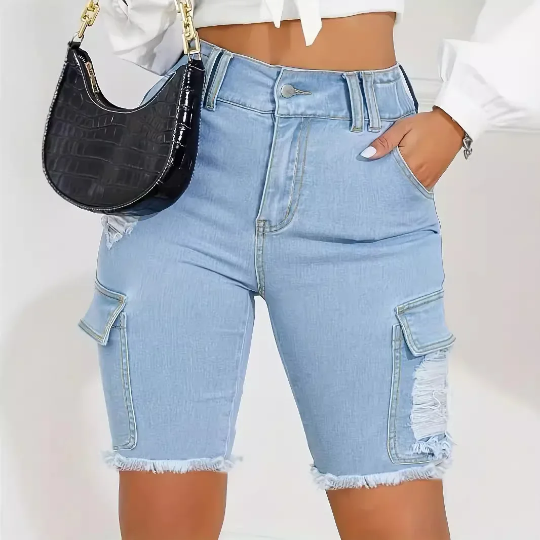 Ripped Distressed Denim Shorts Women Knee Length Shorts Holes Zipper  Jeans Pockets Casual High Waist Spliced Summer