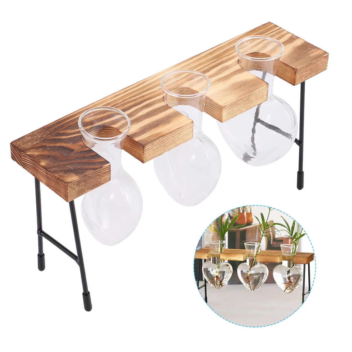 

Hydroponic Flower Vase Heart Shaped Bench with Three Glass Vases Wooden Frame Artistic Planter for Home Office Hotel Decor