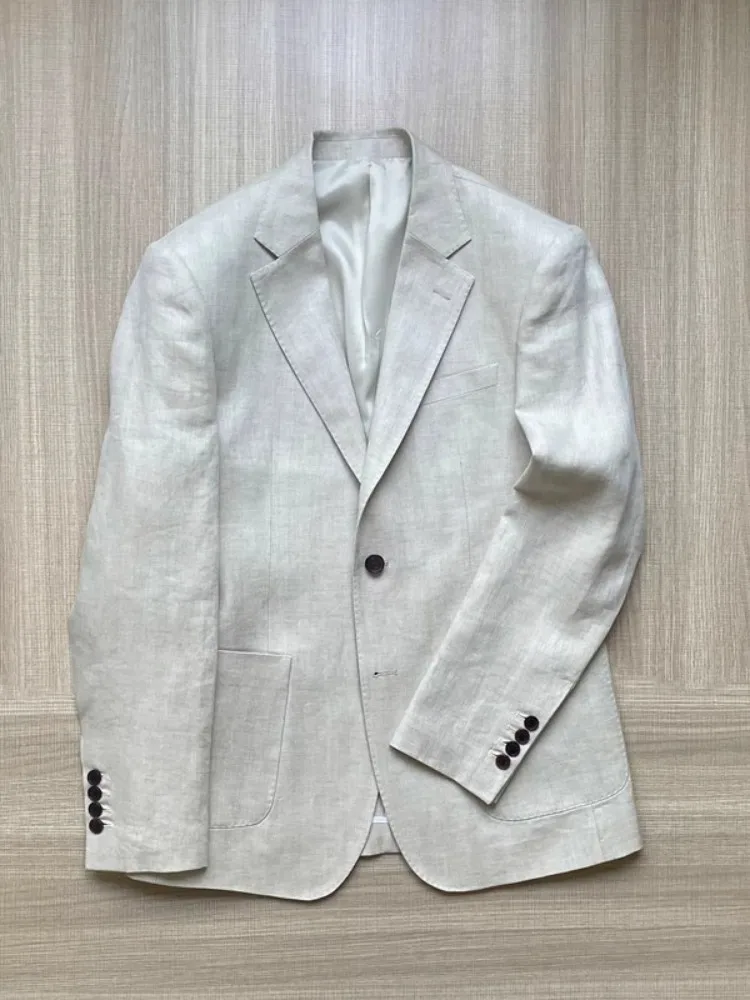 Picture 3: Men Thin Slim Fit Top Quality Beige White Linen Suits Matching Sets Spring Summer Comfortable Two Piece Set Casual Outfits 2025